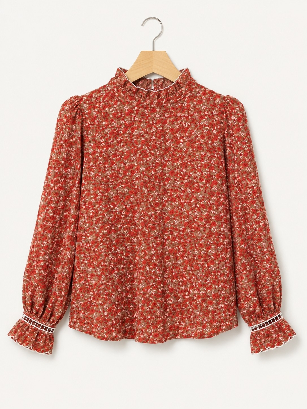 Rust Floral High-Neck Long-Sleeve Women’s Top